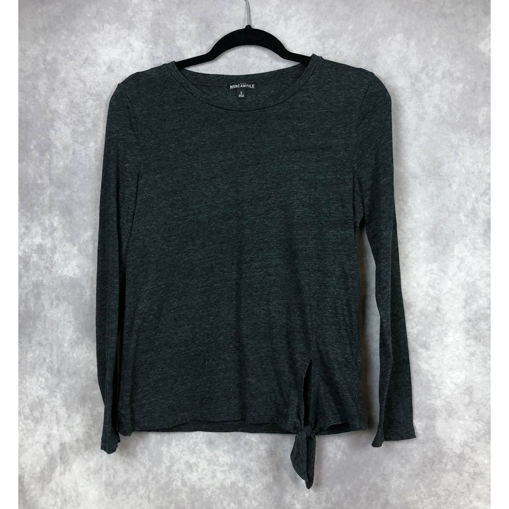 J. Crew Mercantile Top Women Small Gray Shirt Tie Waist Long Sleeve Cotton Blend